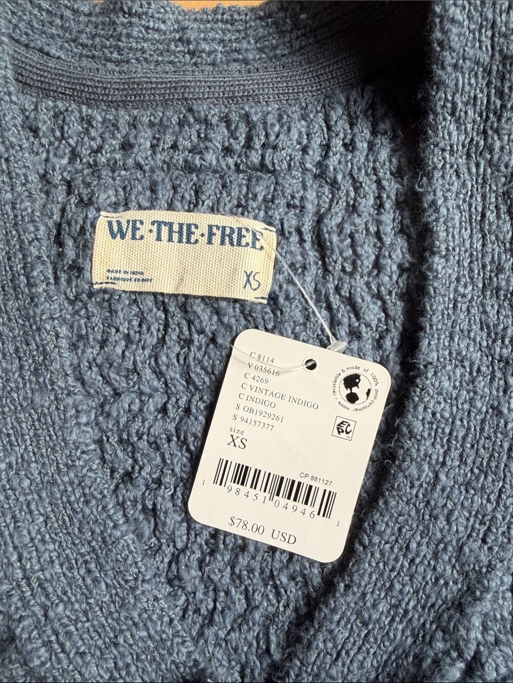 We The Free Slate Blue V-Neck Knit Button-Front Sweater Vest - Picture 3 of 3